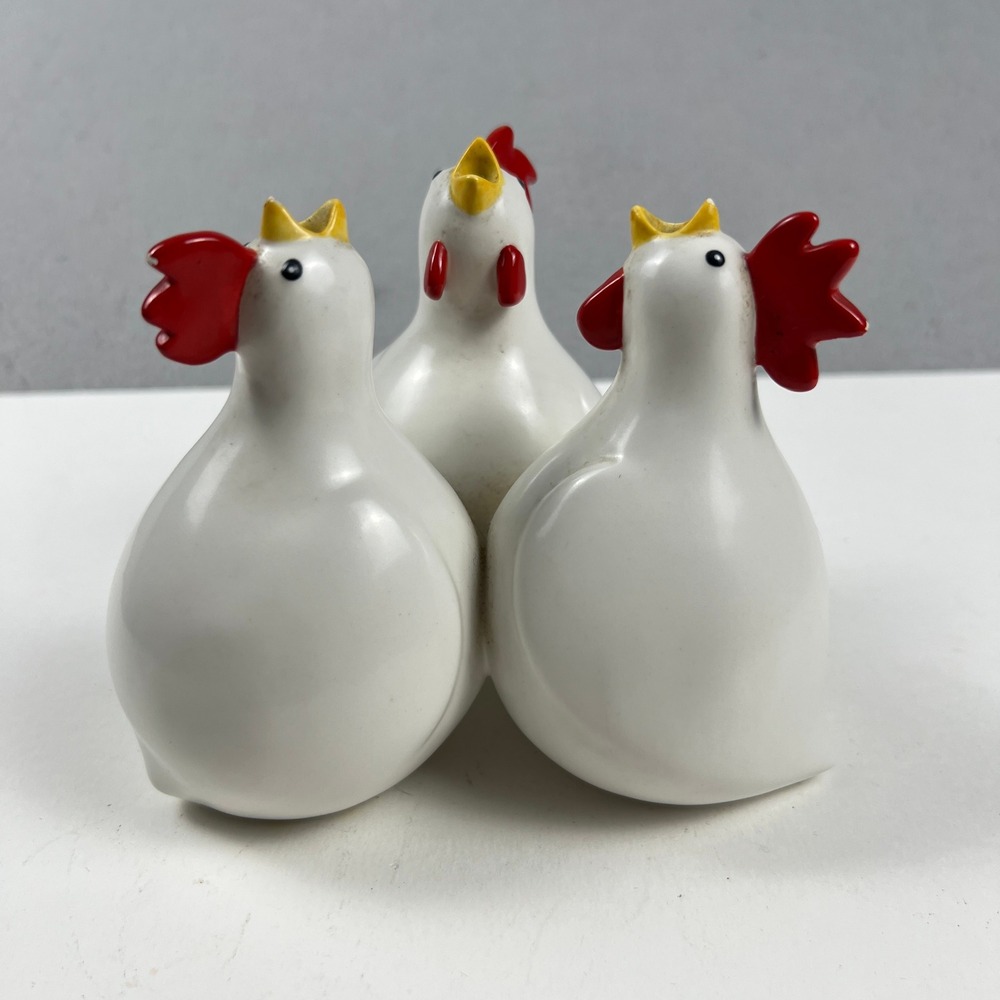 Vintage Ceramic Chicken Trio Bud Vase White Red Farmhouse Rare Decor Unique
